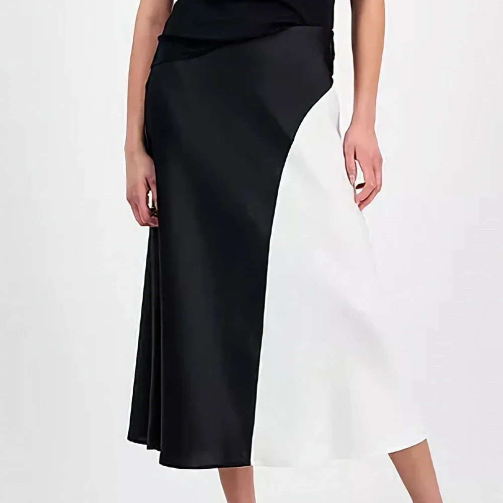 Anne Klein Bias Cut Colorblocked Midi Skirt White Black Waistband Womens‎ Size M